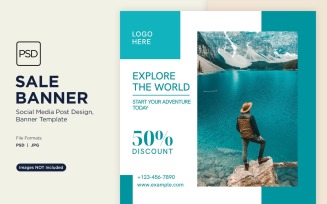 Explore the world travel and adventure sale banner design Template