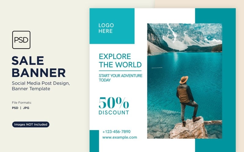 Explore the world travel and adventure sale banner design Template Social Media