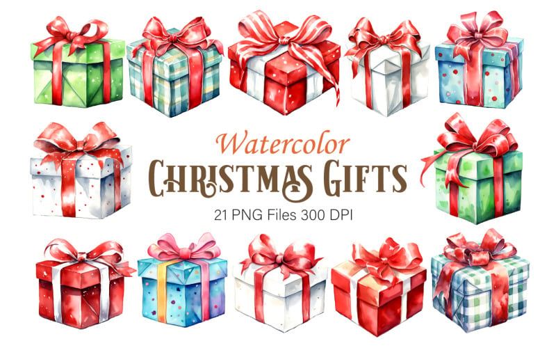 Watercolor Christmas Gifts. Clipart Bundle. Illustration