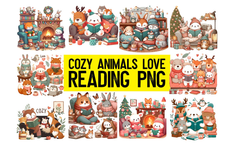 Cozy Animals Love Reading PNG Bundle Illustration