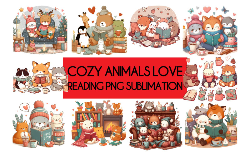 Cozy Animals Love Reading PNG Sublimation Illustration