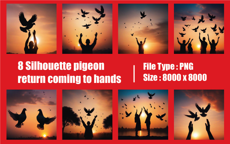 Silhouette pigeon return coming to hands in air vibrant sunlight sunset sunrise background Illustration