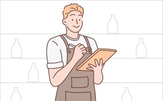Smiling Barista Holding Pen And Tab Vector Illustration