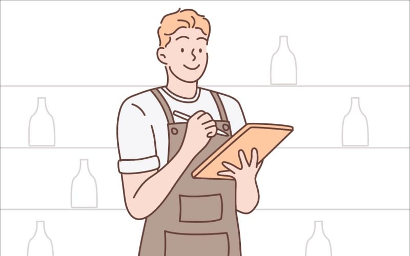 Smiling Barista Holding Pen And Tab Vector Illustration