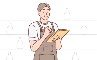 Smiling Male Barista Holding Pen And Tab Vector Illustration