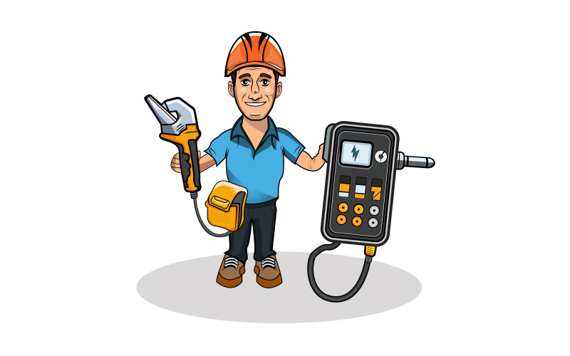 Electrician cable man cartoon. Working electrician with tools. Illustration