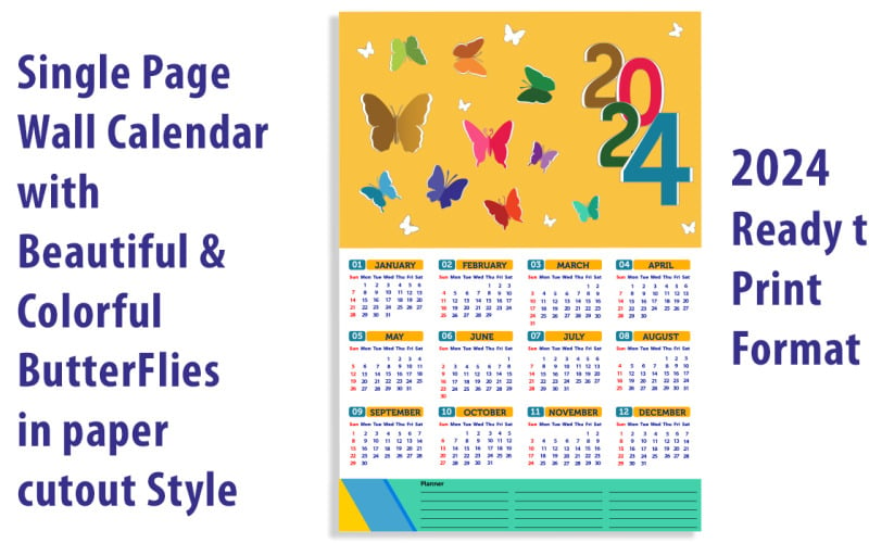 Paper cutout Butterfly theme Single Page New Year Calendar of 2024 Planner