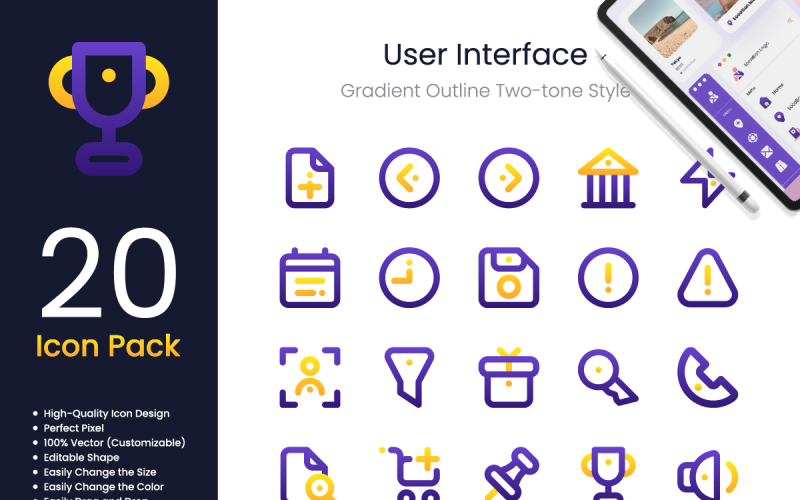 User Interface Icon Pack Gradient Outline Two-Tone Style Icon Set