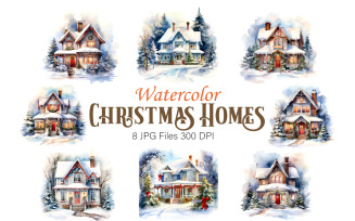 Watercolor Christmas Home. Clipart Bundle.