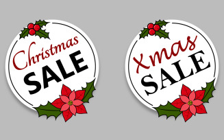 White round stickers for the Christmas sale with a red poinsettia and berries on the gray background