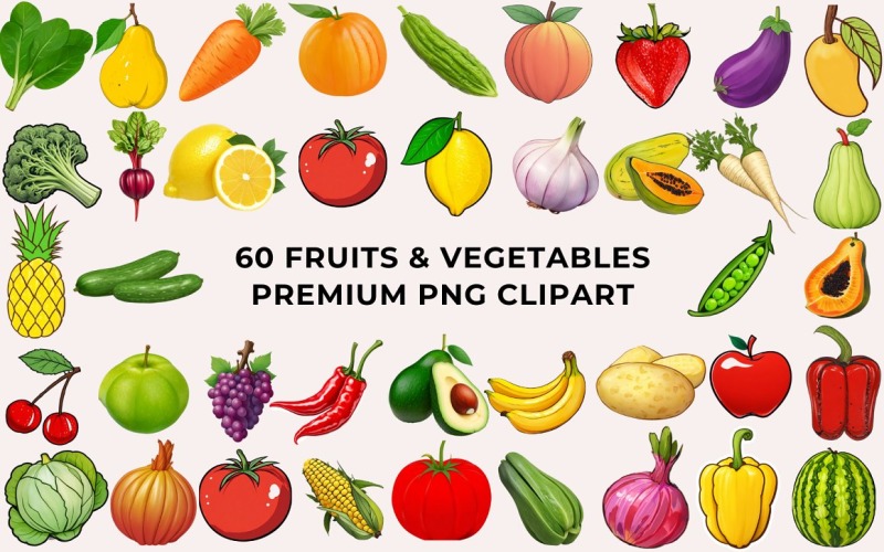 60 Fruits and Vegetables PNG Clipart Background