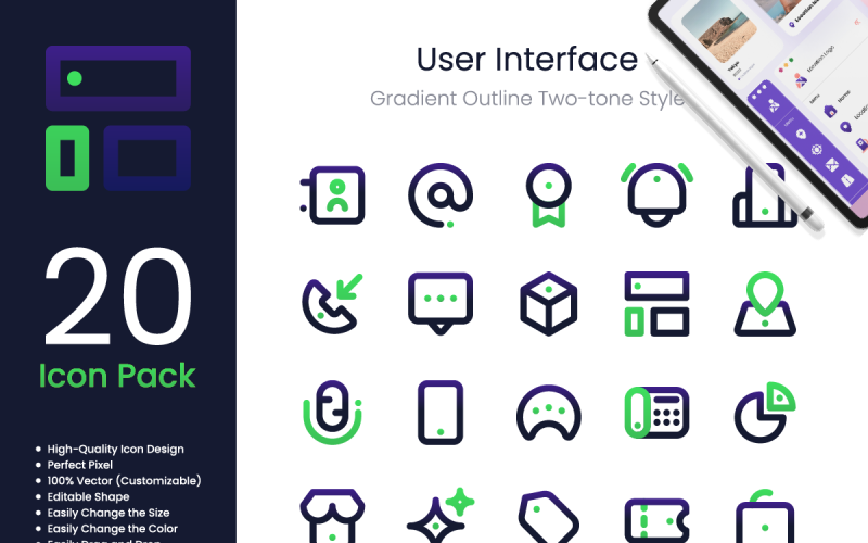 User Interface Icon Pack Spot Gradient Outline Two-Tone Style Icon Set