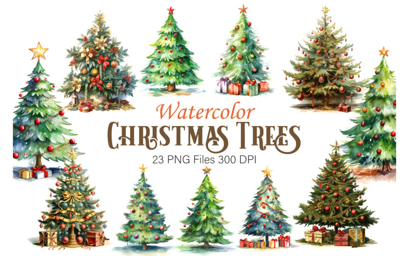 Watercolor Christmas Trees. Clipart Bundle. Illustration