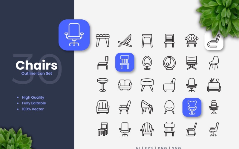 30 Chairs Outline Icons Set Icon Set