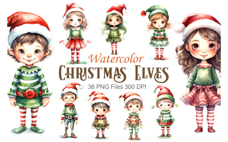 Watercolor Christmas Elves. Clipart Bundle. Illustration