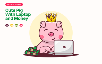 About Cute Pig Hold Laptop and Money Cash illustration