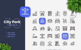 30 City Park Outline Icons Set