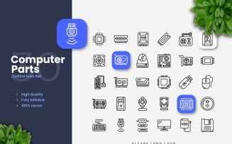30 Computer Parts Outline Icons Set