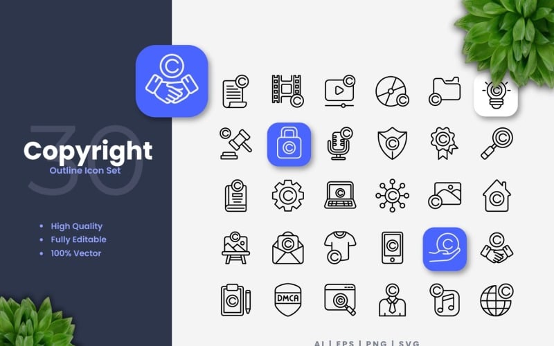 30 Copyright Outline Icons Set Icon Set