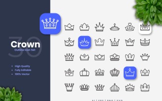 30 Crown Outline Icons Set