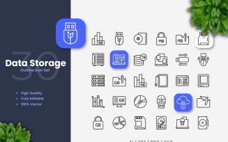 30 Data Storage Outline Icons Set