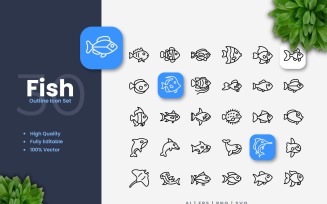 30 Fish Outline Icons Set