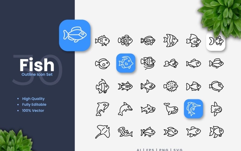 30 Fish Outline Icons Set Icon Set