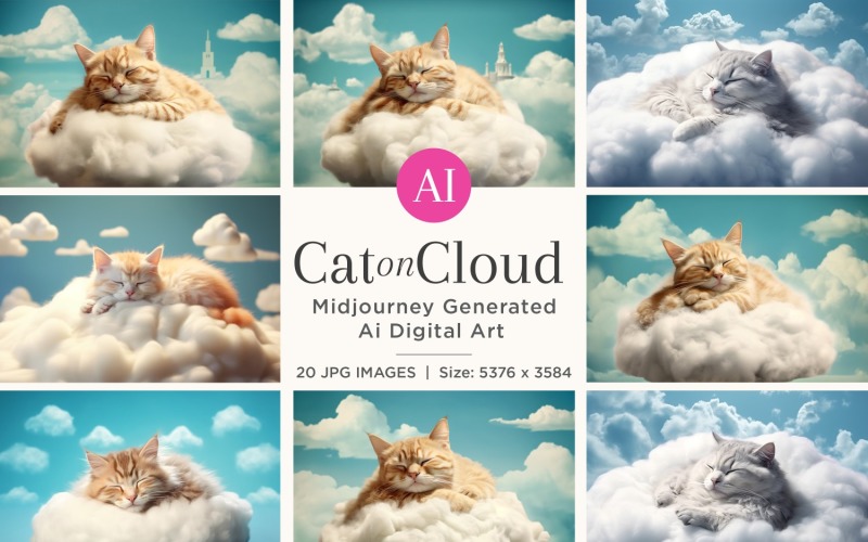 Cat on Cloud sleeping Imagination and dream blue sky with clouds Set 20 Illustration