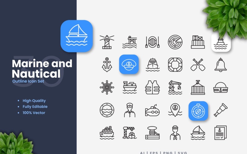 30 Marine And Nautical Outline Icons Set Icon Set