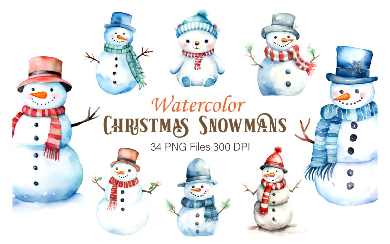 Watercolor Christmas Snowmans. PNG Bundle. Illustration