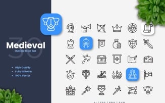 30 Medieval Outline Icons Set