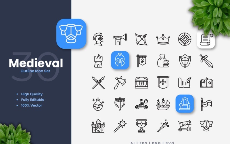 30 Medieval Outline Icons Set Icon Set