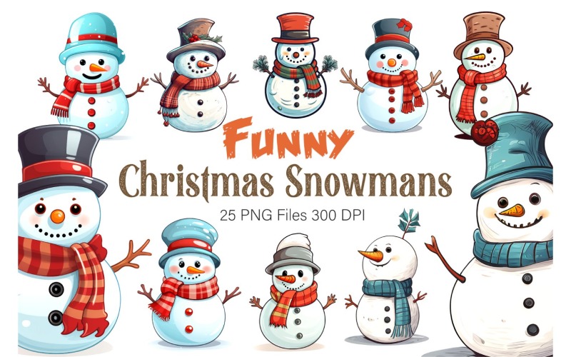Cartoon Christmas Snowmans. PNG Bundle. Illustration