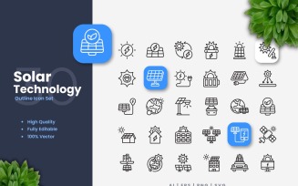 30 Solar Technology Outline Icons Set