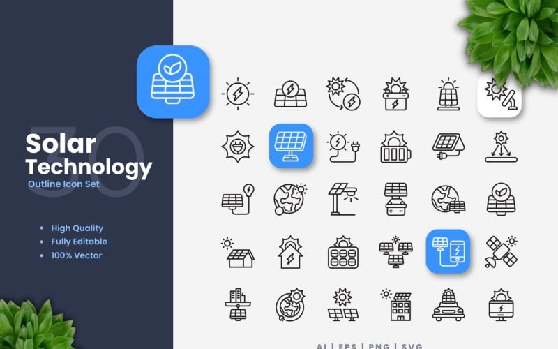 30 Solar Technology Outline Icons Set Icon Set