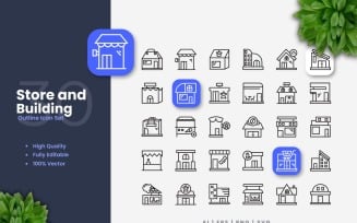 30 Store and Building Outline Icons Set