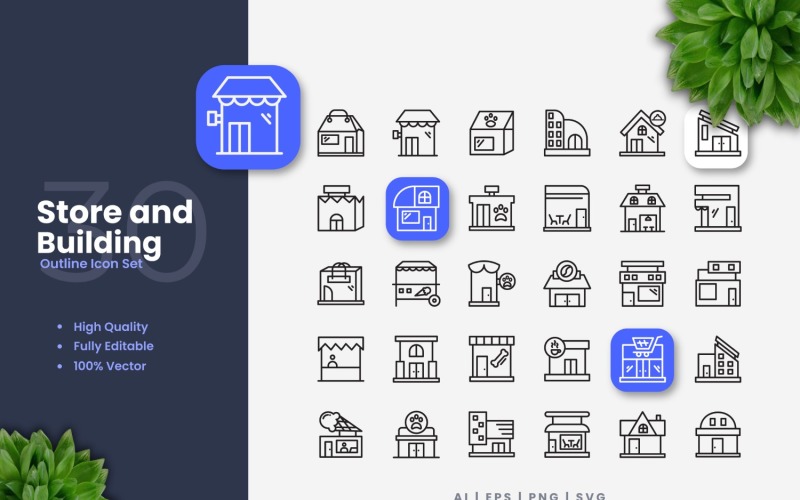 30 Store and Building Outline Icons Set Icon Set