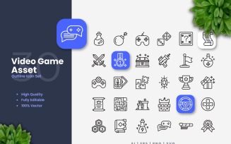 30 Video Game Asset Outline Icons Set