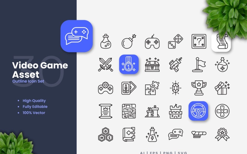 30 Video Game Asset Outline Icons Set Icon Set