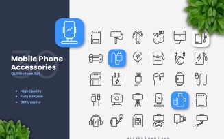 30 Phone Accessories Outline Icons Set