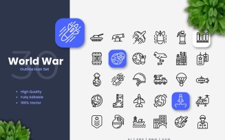 30 World War Outline Icons Set