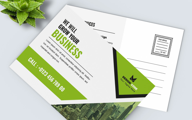 Business Postcard Layout with Green Accents Corporate Identity