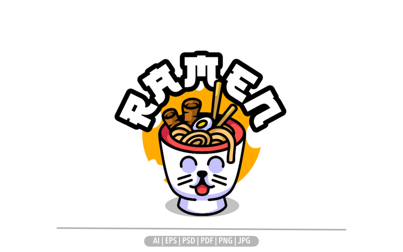 Cute cat ramen mascot cartoon design illustration Logo Template