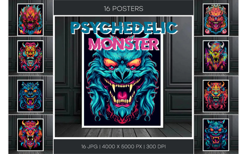 Psychedelic Grin Monster. 16 Posters. Illustration