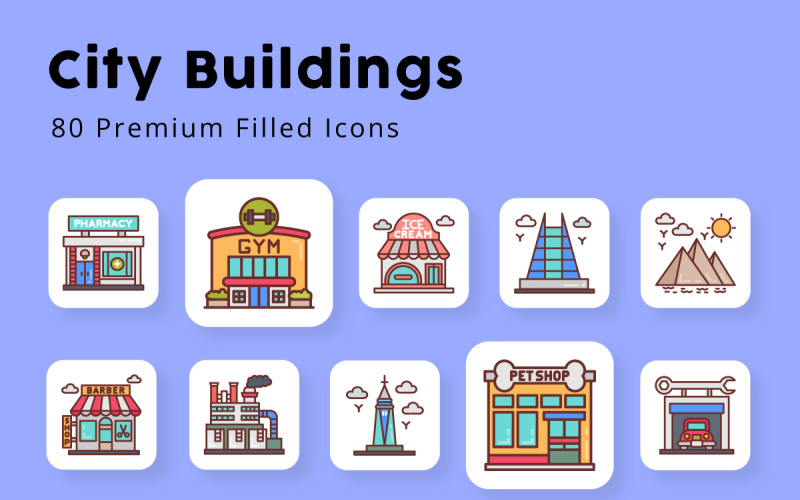 City Buildings 80 premium filled icons Icon Set