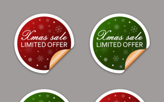 Set of round Christmas sale stickers in red and green colors with curled corners