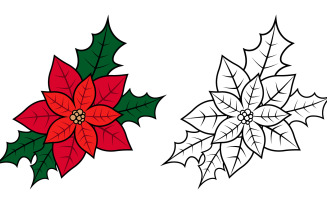 Vector red orange Christmas poinsettia with an outline