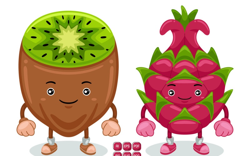 Dragon Fruit and Kiwi Mascot Character Vector Vector Graphic