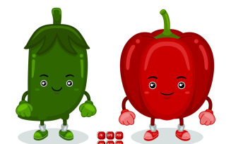 Green Chili and Red Pepper Mascot Character Vector