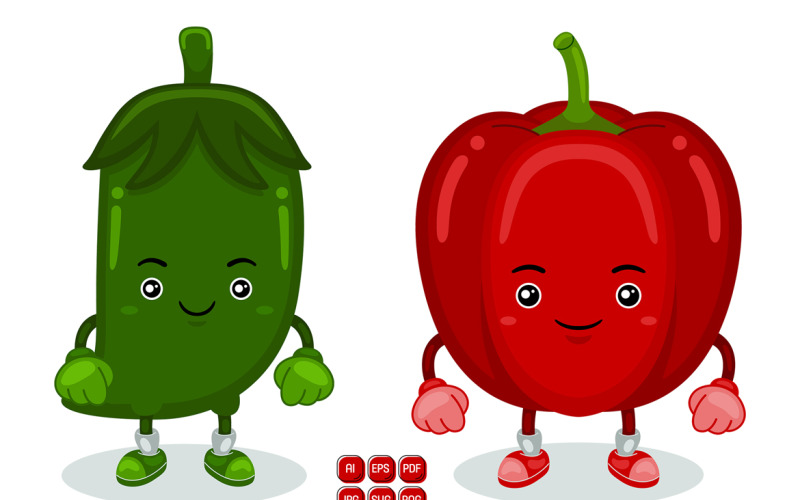 Green Chili and Red Pepper Mascot Character Vector Vector Graphic
